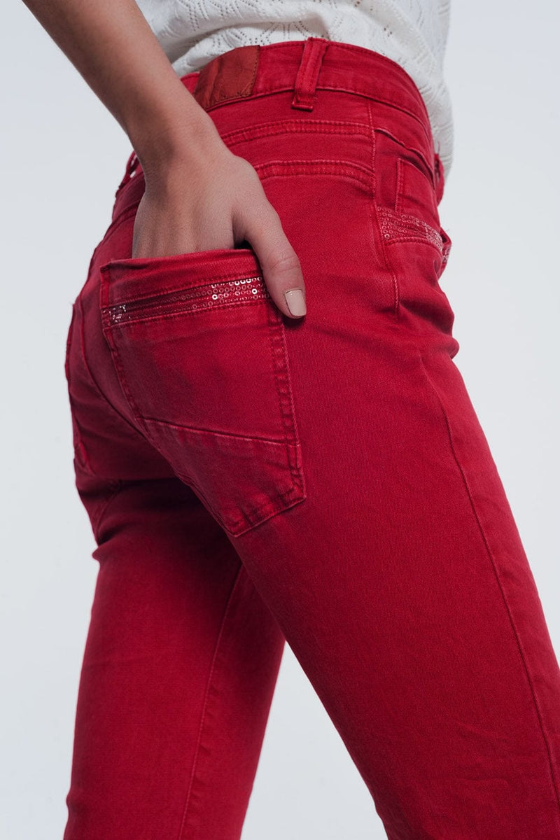 Q2 Women's Pants & Trousers Red Boyfriend Jeans with Button Closure