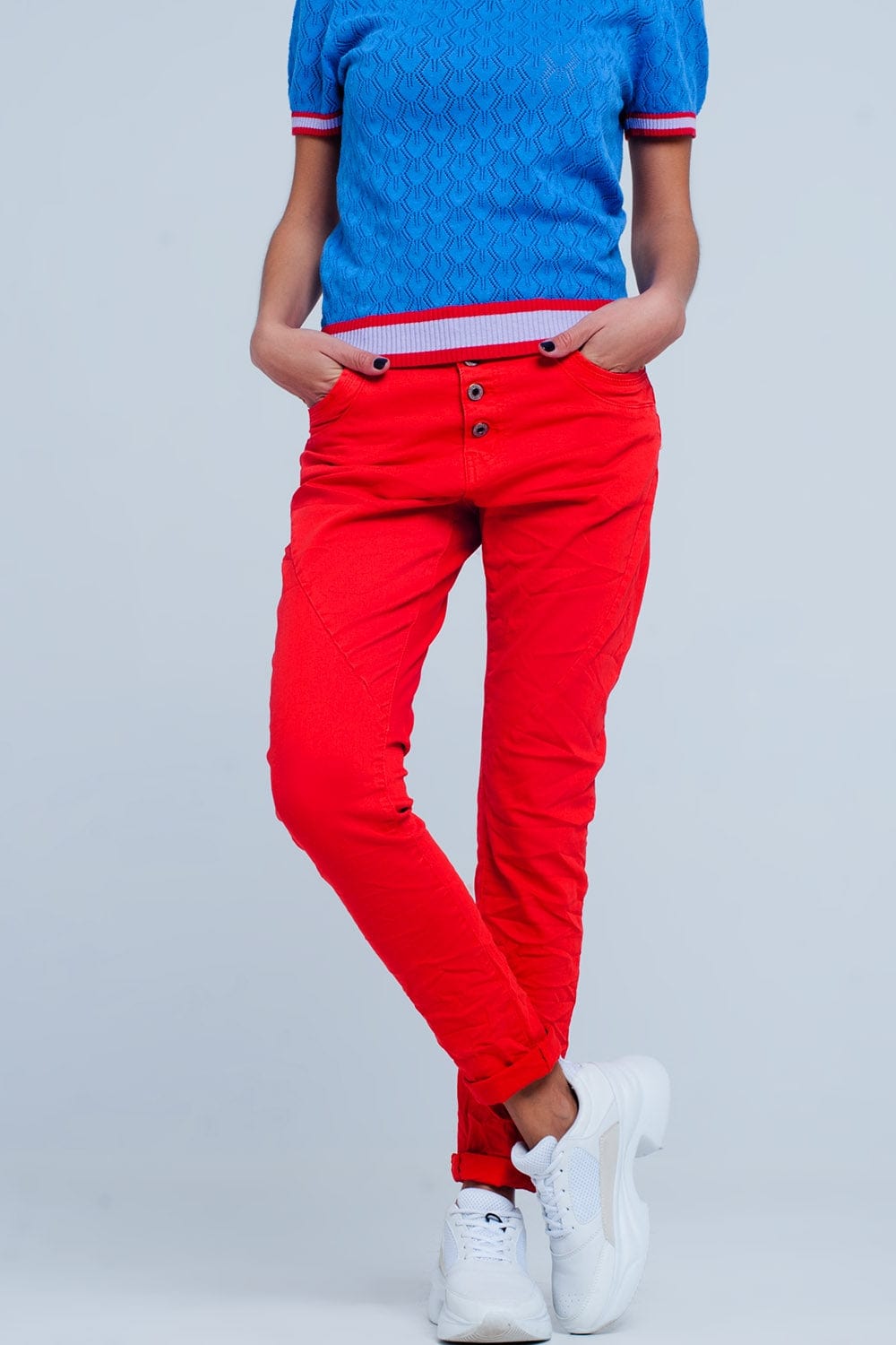 Q2 Women's Pants & Trousers Red Low Rise Boyfriend Jeans