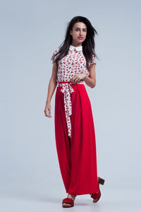 Q2 Women's Pants & Trousers Red Pants with Floral Belt