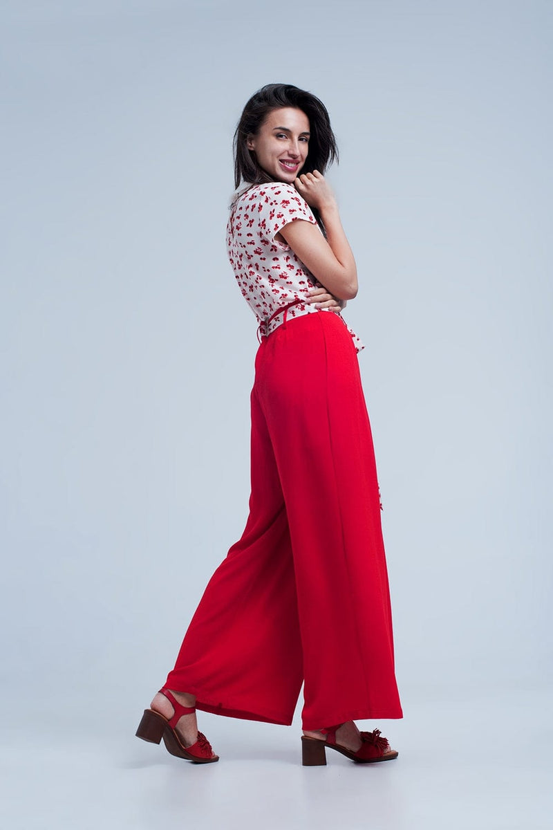 Q2 Women's Pants & Trousers Red Pants with Floral Belt