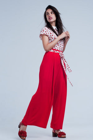 Q2 Women's Pants & Trousers Red Pants with Floral Belt