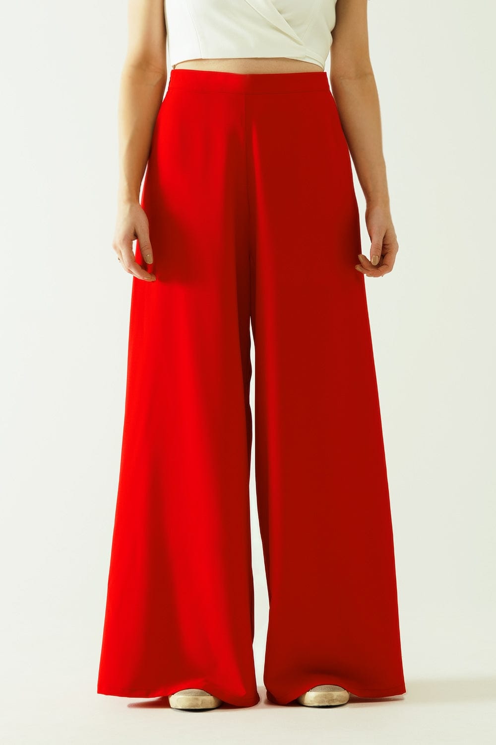 Q2 Women's Pants & Trousers Red Wide Leg Basic Flared Pants