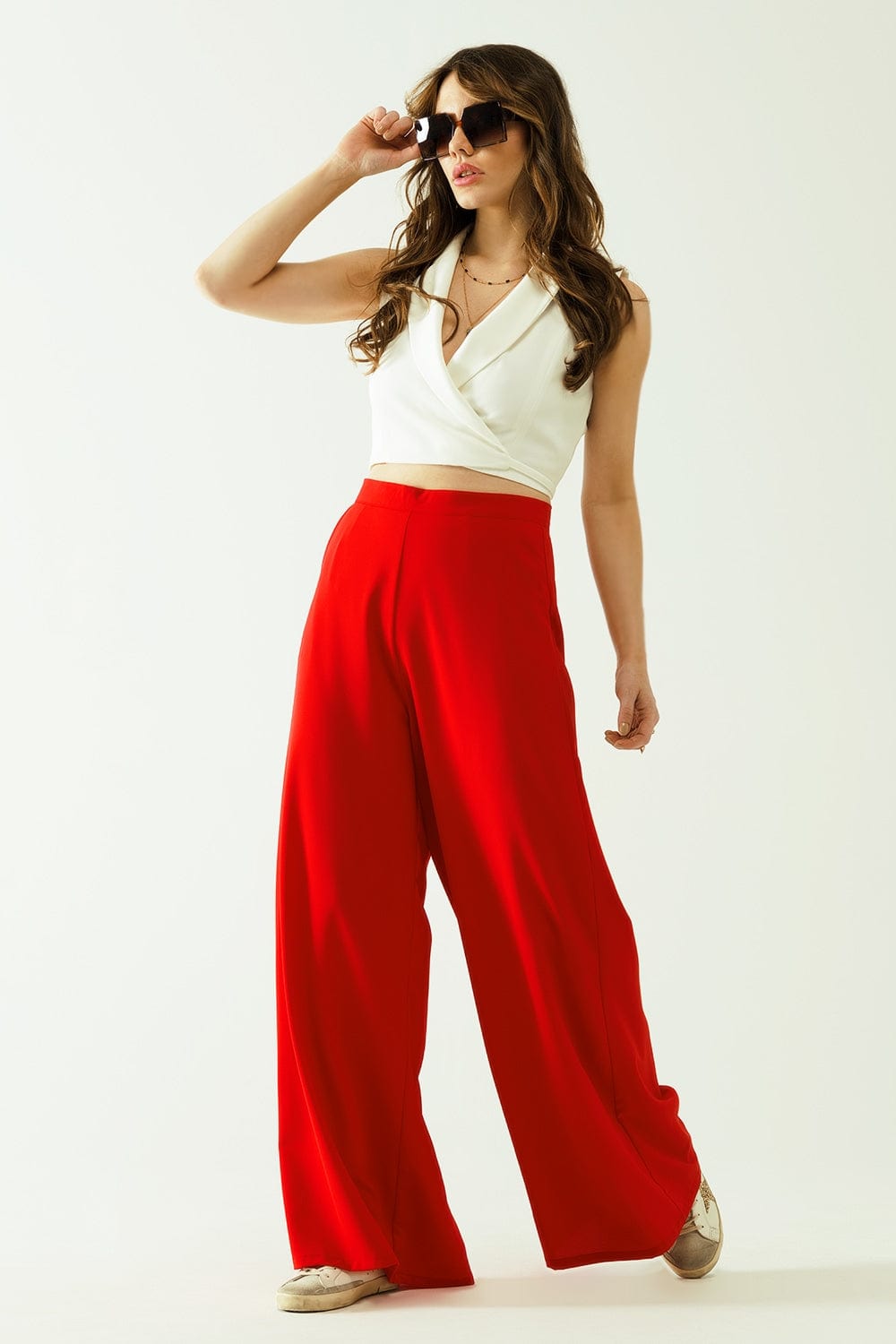 Q2 Women's Pants & Trousers Red Wide Leg Basic Flared Pants