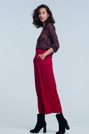 Q2 Women's Pants & Trousers Red wide leg culottes with belt detail