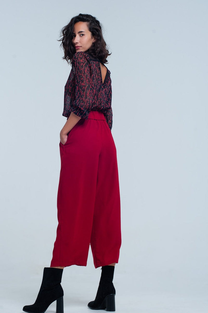 Q2 Women's Pants & Trousers Red wide leg culottes with belt detail