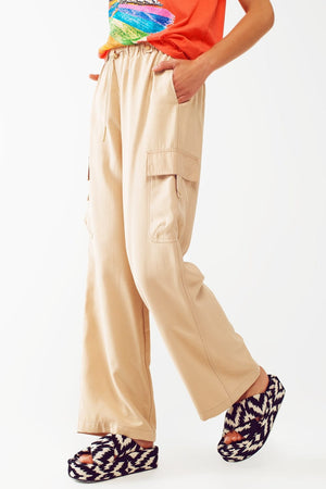 Q2 Women's Pants & Trousers Relaxed Cargo Pants With Drawstring In Beige