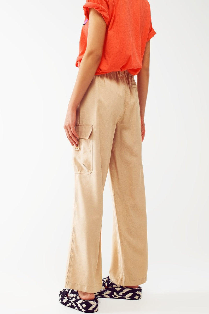 Q2 Women's Pants & Trousers Relaxed Cargo Pants With Drawstring In Beige