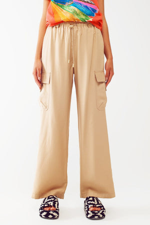 Q2 Women's Pants & Trousers Relaxed Cargo Pants With Drawstring In Beige