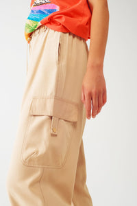 Q2 Women's Pants & Trousers Relaxed Cargo Pants With Drawstring In Beige