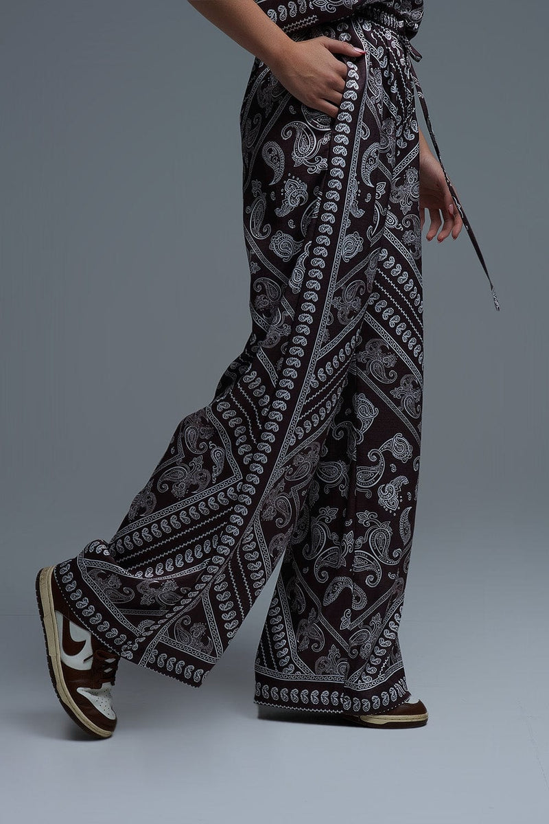 Q2 Women's Pants & Trousers Relaxed Paisley Print Pants With Adjustable Drawstring In Brown