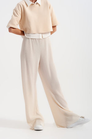 Q2 Women's Pants & Trousers Relaxed Wide Leg Trousers in Plisse Cream