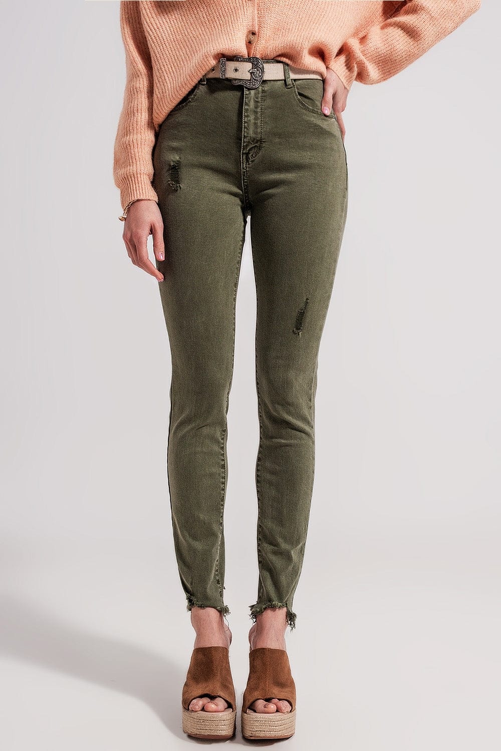 Q2 Women's Pants & Trousers Ripped Skinny Jean in Green
