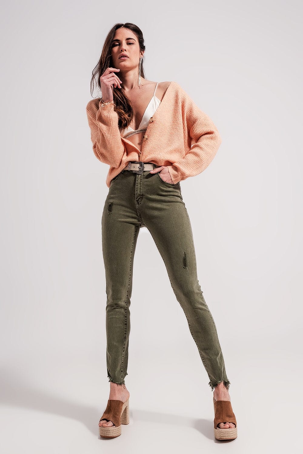 Q2 Women's Pants & Trousers Ripped Skinny Jean in Green