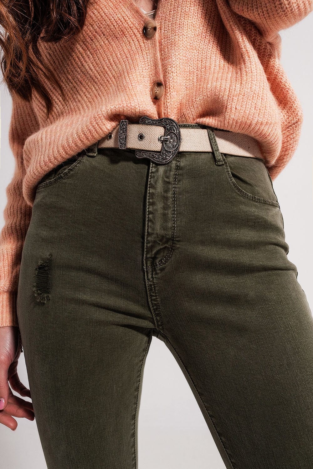 Q2 Women's Pants & Trousers Ripped Skinny Jean in Green