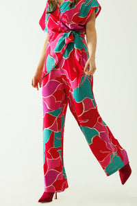 Q2 Women's Pants & Trousers Satin Colored Wide Leg Pant With Floral Designs