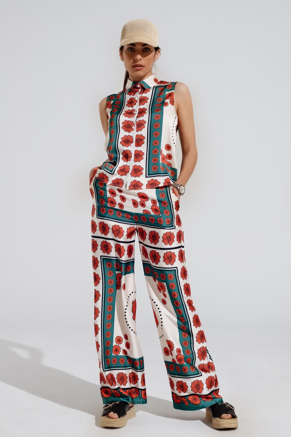 Q2 Women's Pants & Trousers Satin Creme Flared Pants With Floral Design