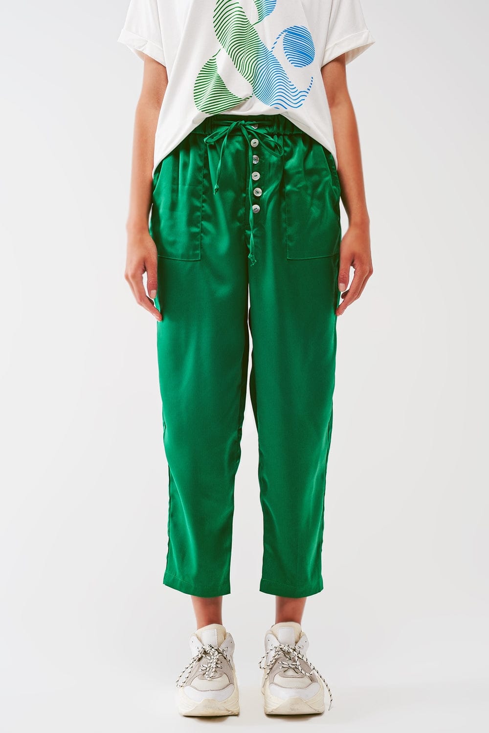 Q2 Women's Pants & Trousers Satin Cropped Pants in Green