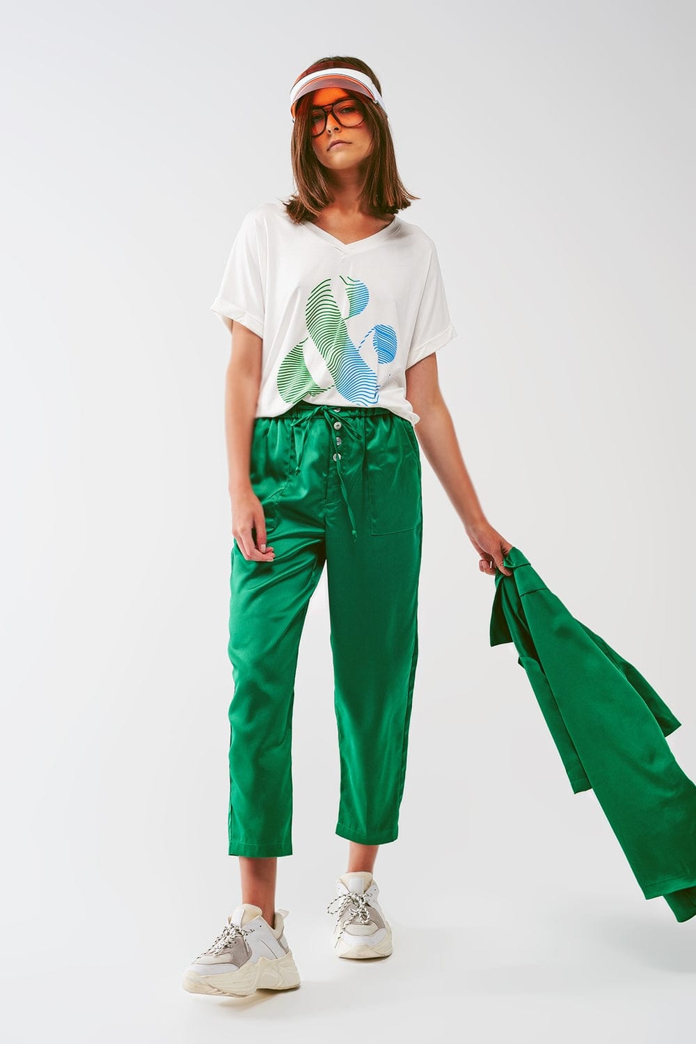 Q2 Women's Pants & Trousers Satin Cropped Pants in Green