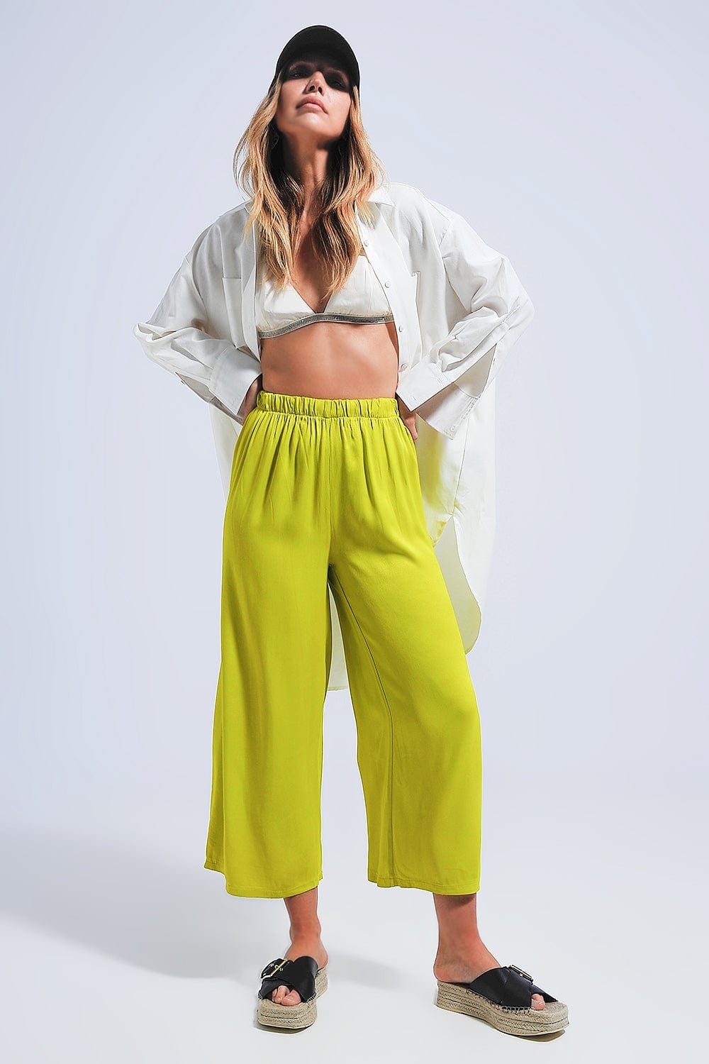 Q2 Women's Pants & Trousers Satin Wide Leg Pants in Green