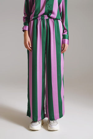 Q2 Women's Pants & Trousers Satin Wide Leg Pants In Lilac And Green Stripes