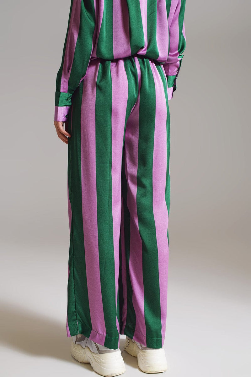 Q2 Women's Pants & Trousers Satin Wide Leg Pants In Lilac And Green Stripes