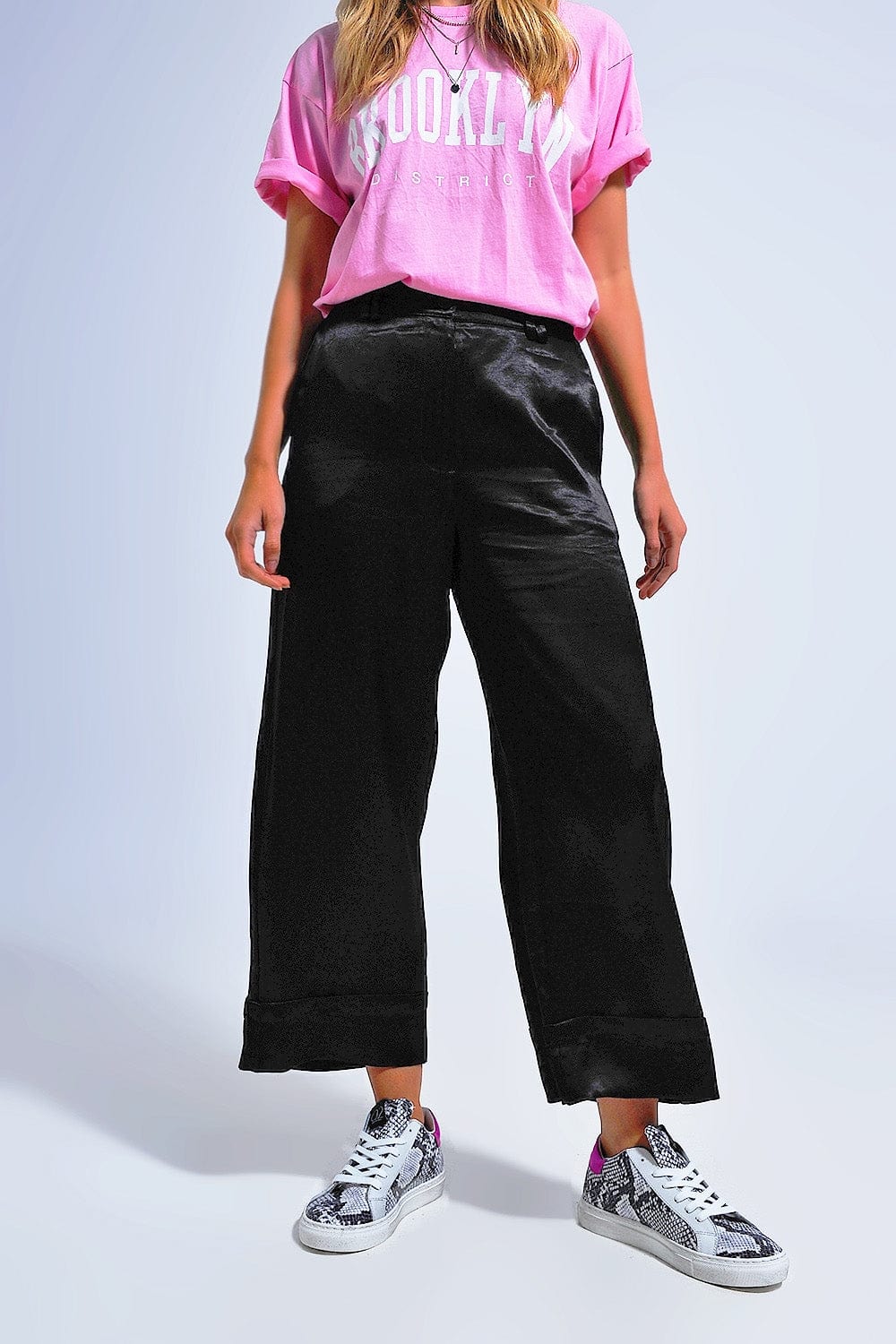 Q2 Women's Pants & Trousers Satin Wide Leg Suit Pants in Black