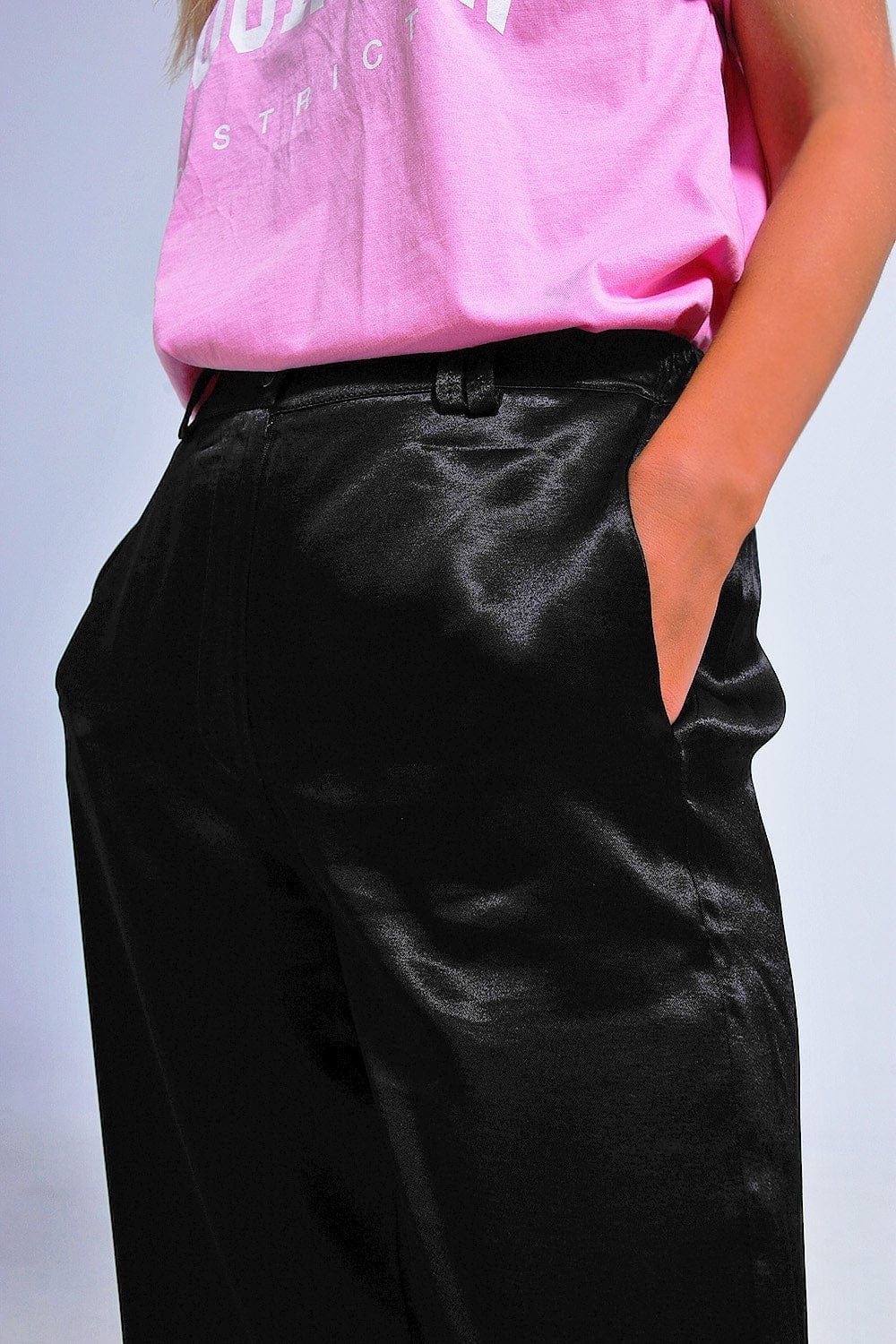 Q2 Women's Pants & Trousers Satin Wide Leg Suit Pants in Black