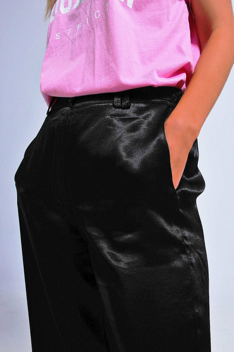 Q2 Women's Pants & Trousers Satin Wide Leg Suit Pants in Black