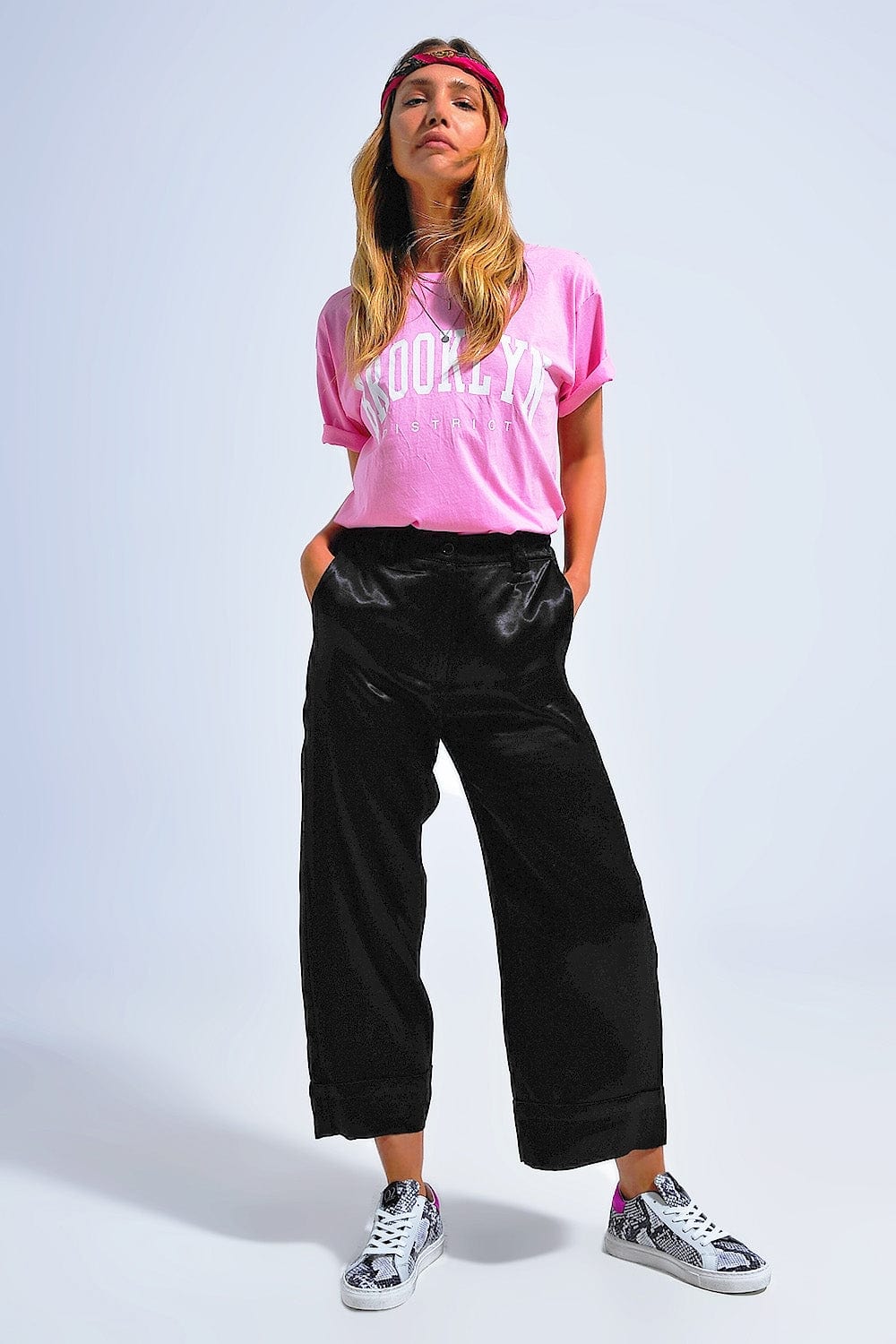 Q2 Women's Pants & Trousers Satin Wide Leg Suit Pants in Black