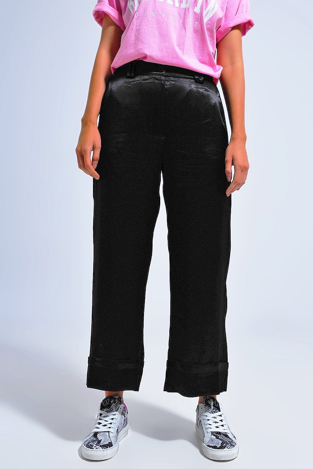 Q2 Women's Pants & Trousers Satin Wide Leg Suit Pants in Black