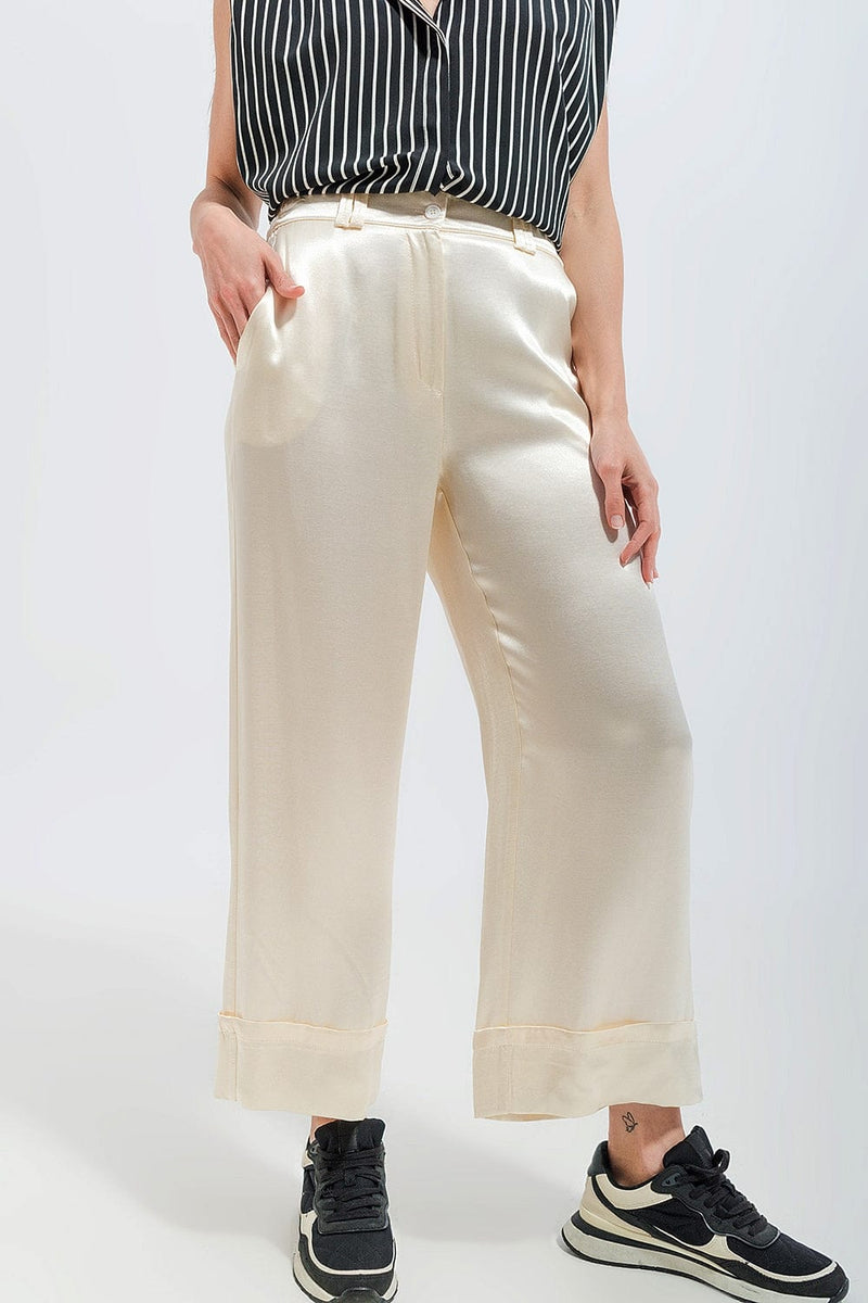 Q2 Women's Pants & Trousers Satin Wide Leg Suit Pants in Cream