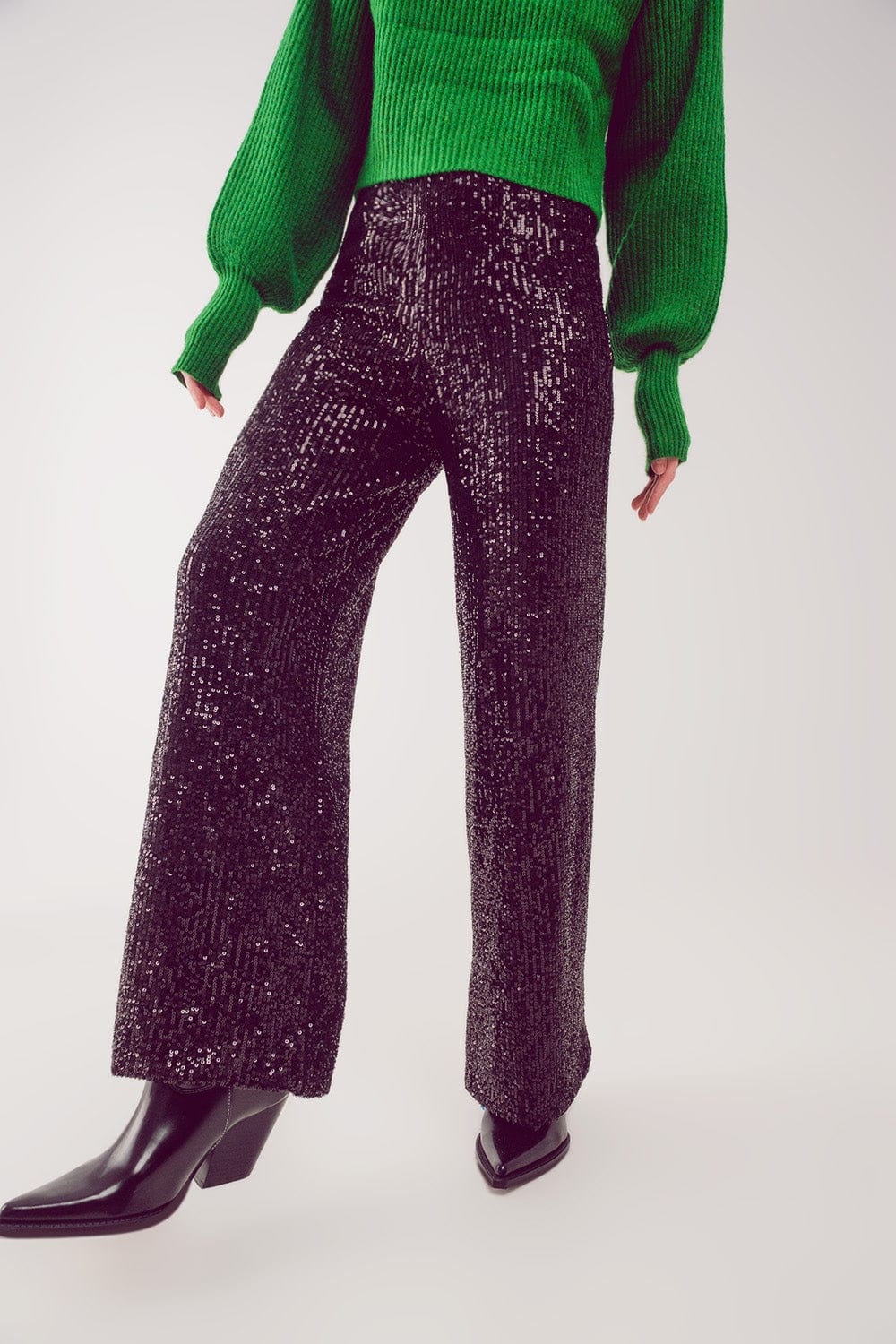 Q2 Women's Pants & Trousers Sequin Wide Legs Pants in Black