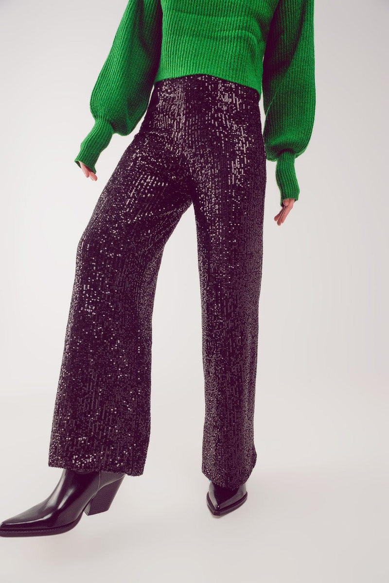 Q2 Women's Pants & Trousers Sequin Wide Legs Pants in Black