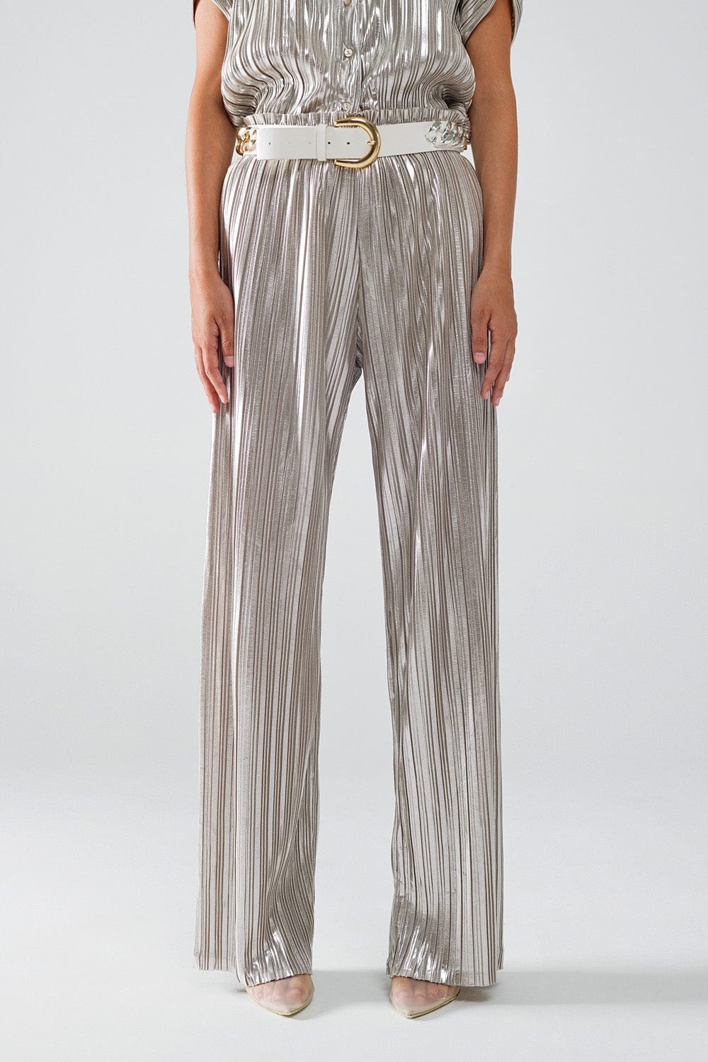 Q2 Women's Pants & Trousers Silver Pleated Pants With Elastic Waistband