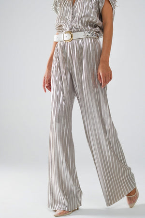 Q2 Women's Pants & Trousers Silver Pleated Pants With Elastic Waistband