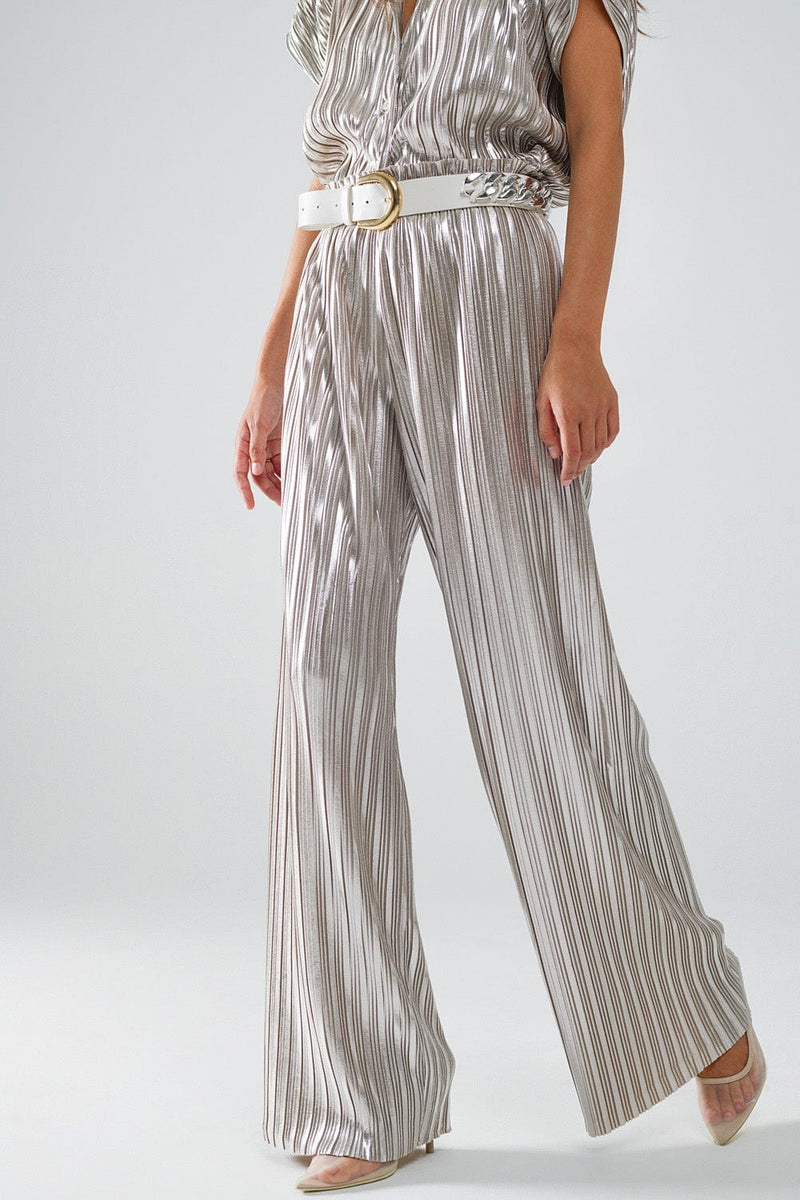 Q2 Women's Pants & Trousers Silver Pleated Pants With Elastic Waistband