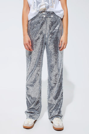 Q2 Women's Pants & Trousers Silver Sequin Trouser