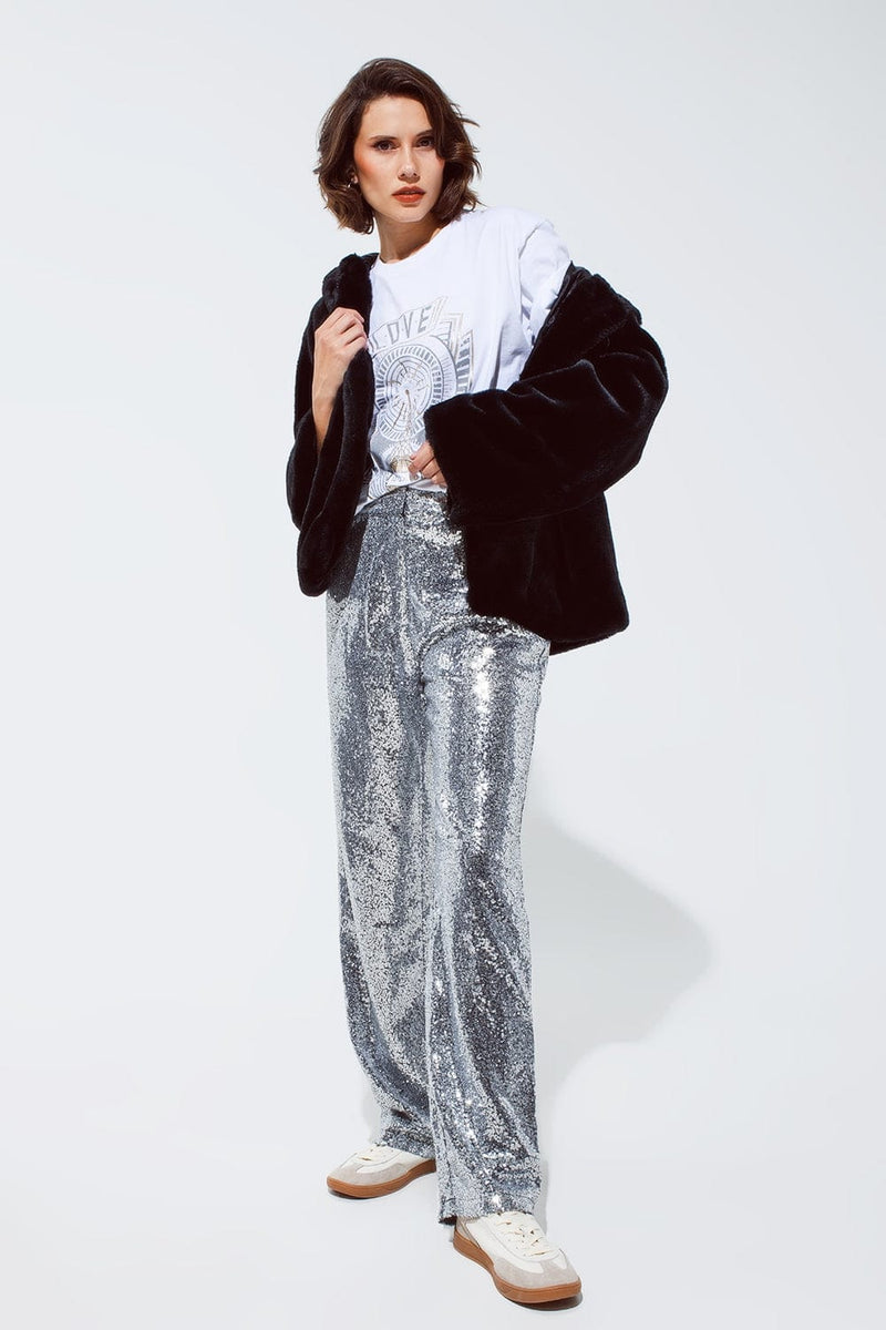 Q2 Women's Pants & Trousers Silver Sequin Trouser