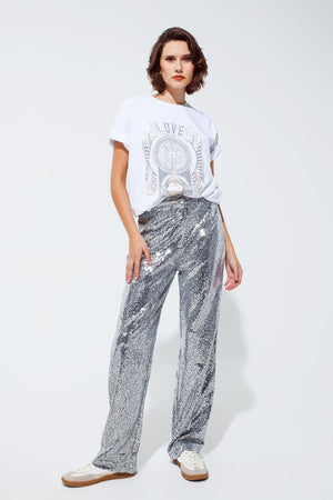 Q2 Women's Pants & Trousers Silver Sequin Trouser