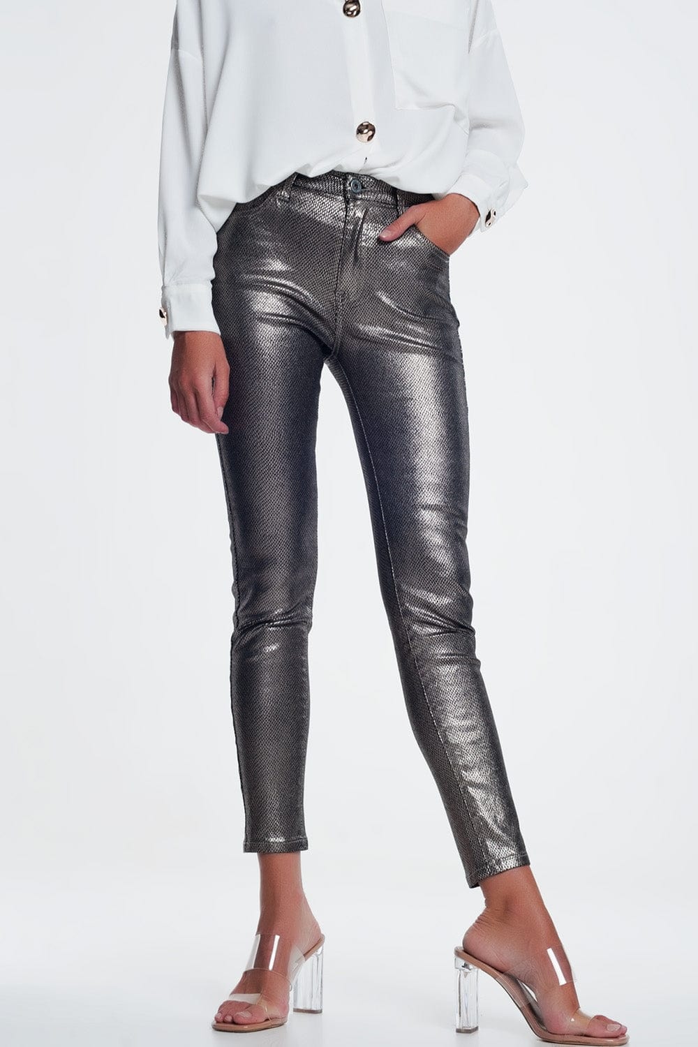 Q2 Women's Pants & Trousers Silver Trousers with Snake Print