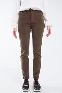 Q2 Women's Pants & Trousers Skinny Cord Pants In Olive Green