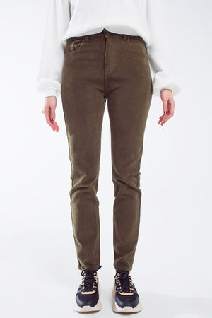 Q2 Women's Pants & Trousers Skinny Cord Pants In Olive Green