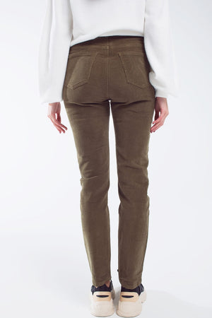 Q2 Women's Pants & Trousers Skinny Cord Pants In Olive Green