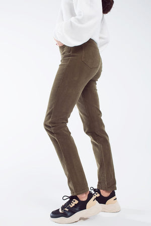 Q2 Women's Pants & Trousers Skinny Cord Pants In Olive Green