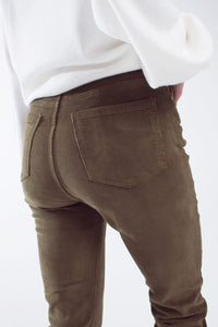 Q2 Women's Pants & Trousers Skinny Cord Pants In Olive Green