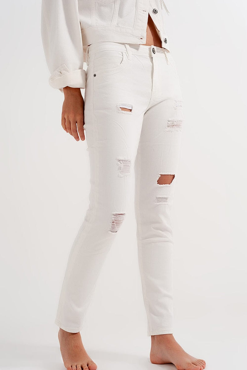 Q2 Women's Pants & Trousers Slim Jeans in White with Distressing