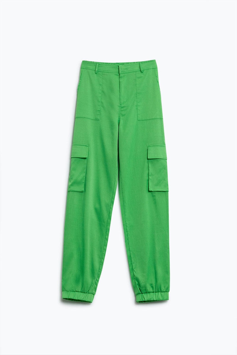 Q2 Women's Pants & Trousers Small / Green Green Satin Pants With Side Pockets And Belt Hoops
