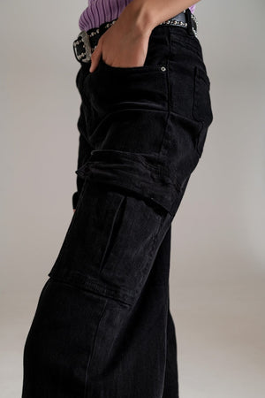 Q2 Women's Pants & Trousers Straight Leg Cargo Jeans In Black