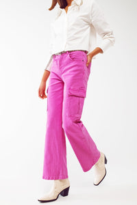 Q2 Women's Pants & Trousers Straight Leg Cargo Jeans in Fuchsia