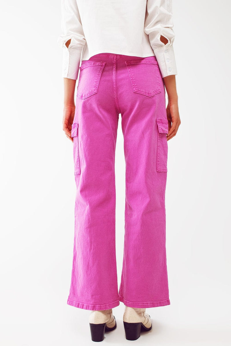 Q2 Women's Pants & Trousers Straight Leg Cargo Jeans in Fuchsia